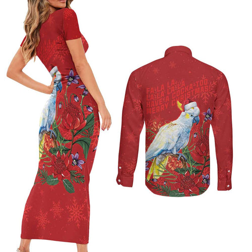 Merry Cocka-mas Couples Matching Short Sleeve Bodycon Dress and Long Sleeve Button Shirt Australia Christmas Red Art - Aussie Hoodie