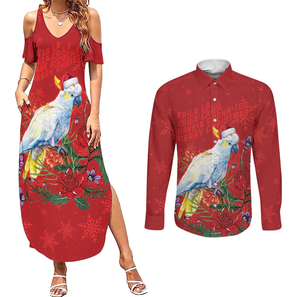 Merry Cocka-mas Couples Matching Summer Maxi Dress and Long Sleeve Button Shirt Australia Christmas Red Art - Aussie Hoodie