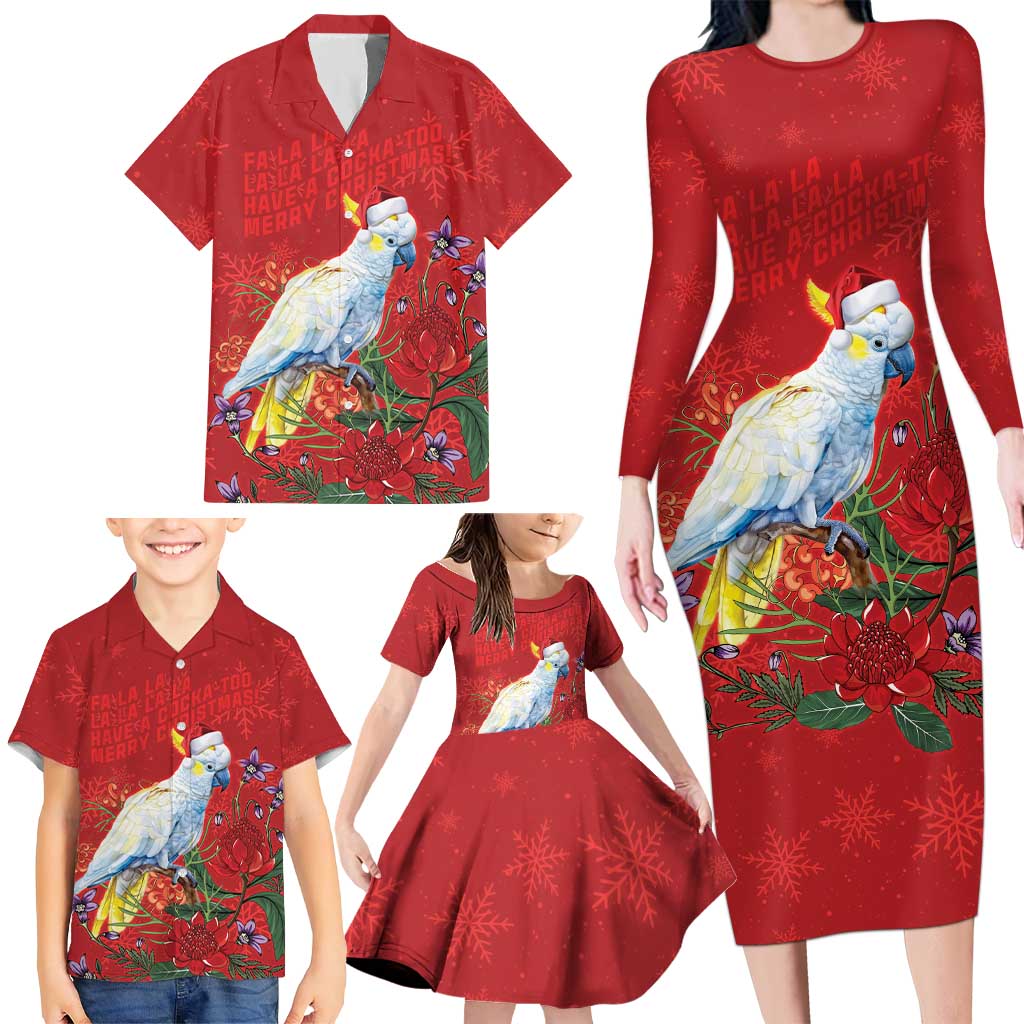 Merry Cocka-mas Family Matching Long Sleeve Bodycon Dress and Hawaiian Shirt Australia Christmas Red Art - Aussie Hoodie