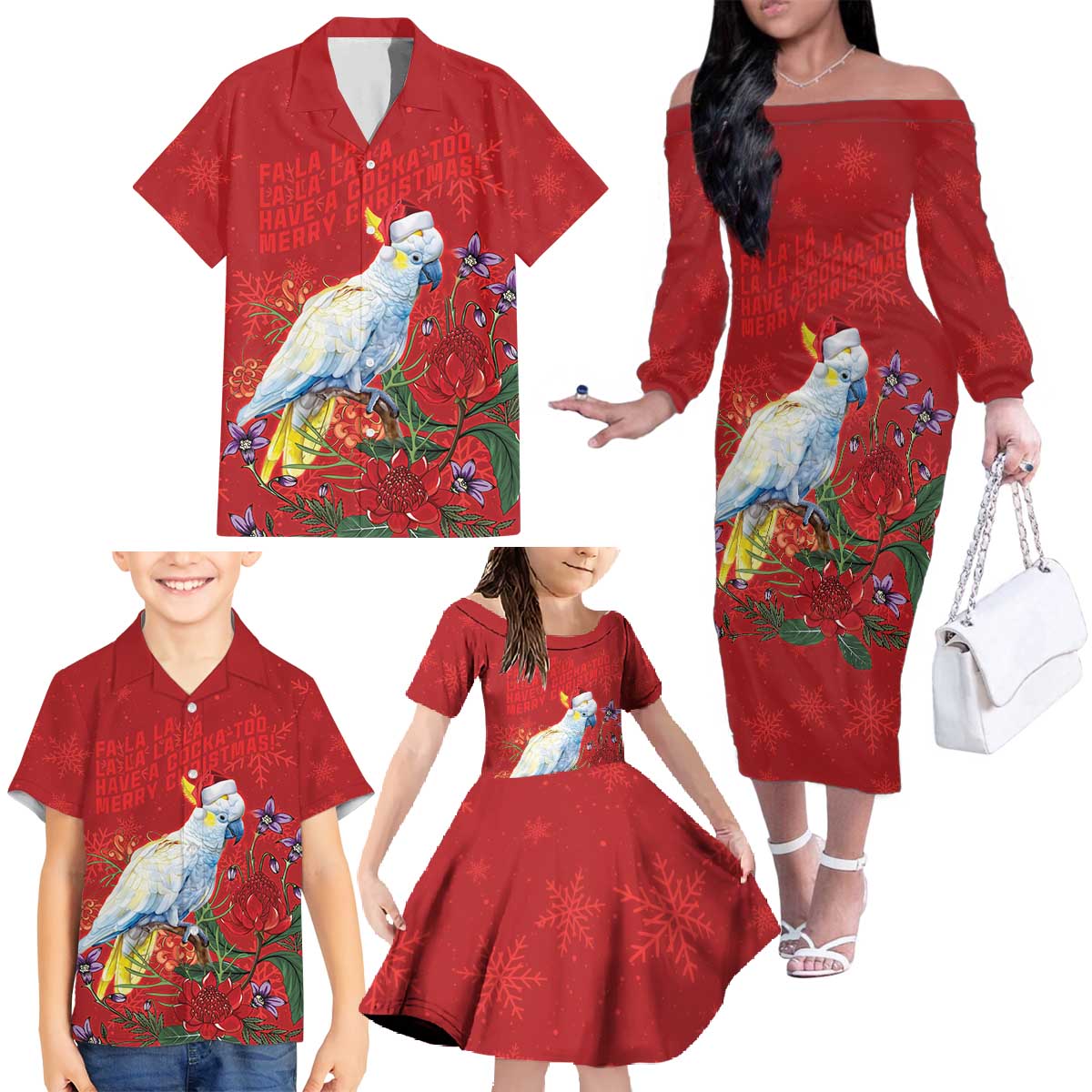 Merry Cocka-mas Family Matching Off The Shoulder Long Sleeve Dress and Hawaiian Shirt Australia Christmas Red Art - Aussie Hoodie