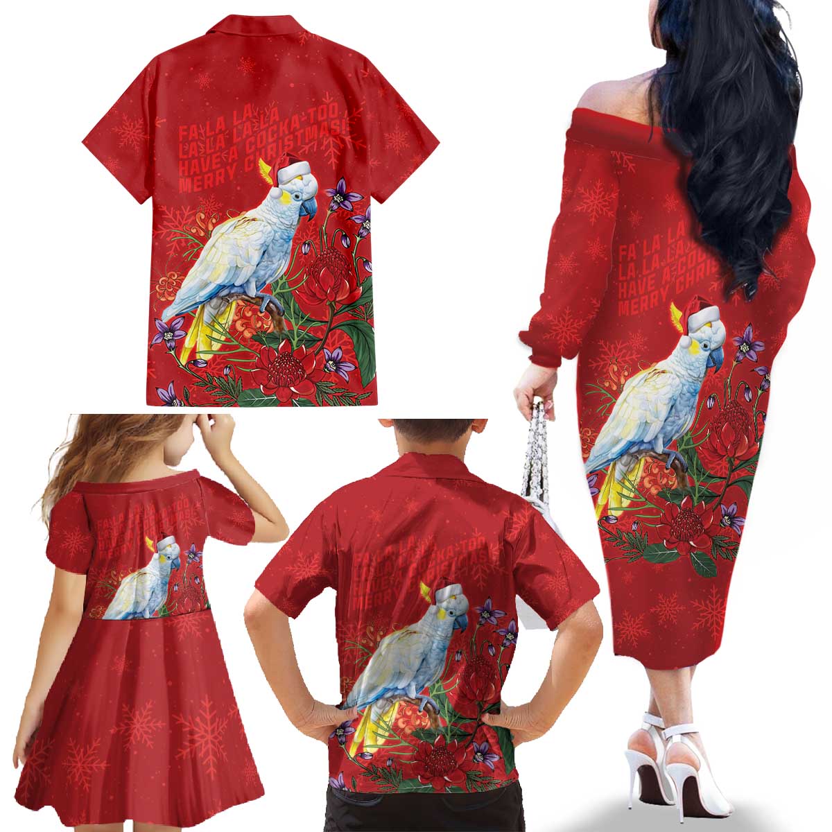 Merry Cocka-mas Family Matching Off The Shoulder Long Sleeve Dress and Hawaiian Shirt Australia Christmas Red Art - Aussie Hoodie