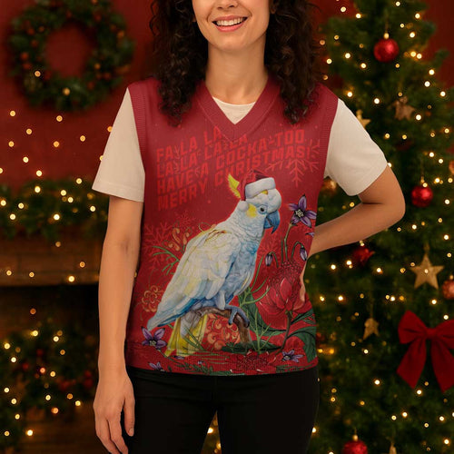 Merry Cocka-mas Christmas Knitted V-Neck Vest Australia Christmas Red Art - Aussie Hoodie