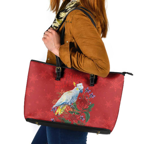 Merry Cocka-mas Leather Tote Bag Australia Christmas Red Art - Aussie Hoodie