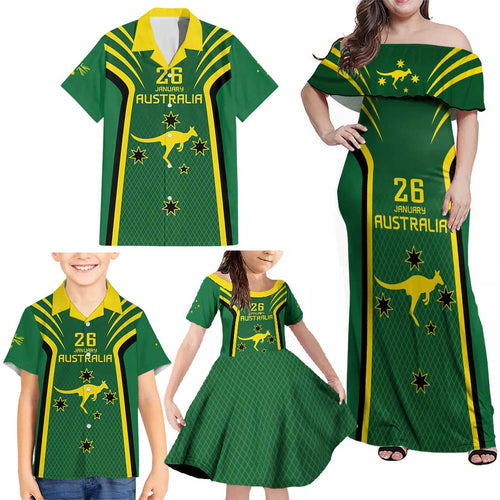 Australia Day 26 January Personalised Family Matching Off Shoulder Maxi Dress and Hawaiian Shirt With National Color