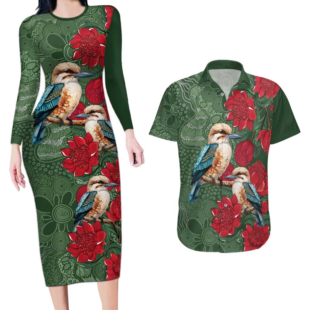 Kokaburra and Waratah Couples Matching Long Sleeve Bodycon Dress and Hawaiian Shirt Aboriginal Art