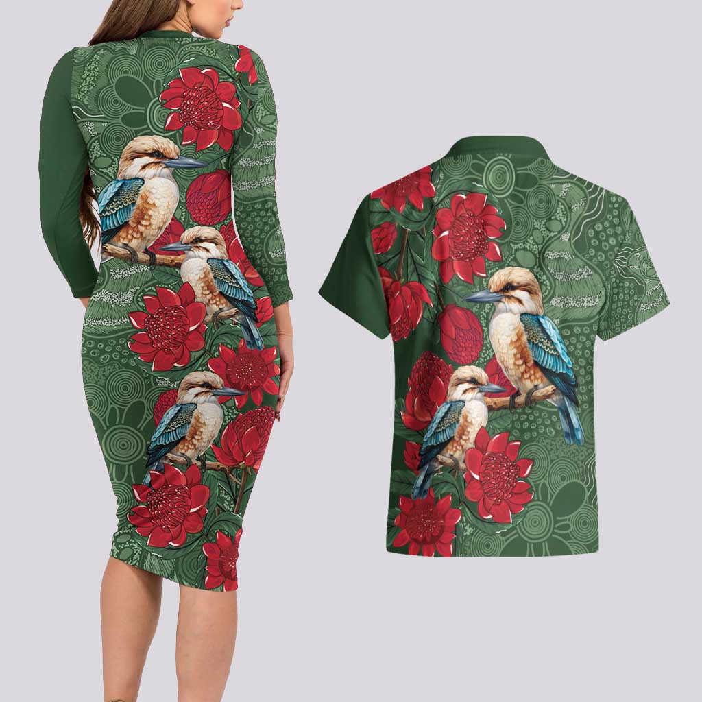 Kokaburra and Waratah Couples Matching Long Sleeve Bodycon Dress and Hawaiian Shirt Aboriginal Art