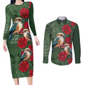 Kokaburra and Waratah Couples Matching Long Sleeve Bodycon Dress and Long Sleeve Button Shirt Aboriginal Art