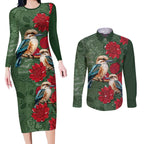 Kokaburra and Waratah Couples Matching Long Sleeve Bodycon Dress and Long Sleeve Button Shirt Aboriginal Art