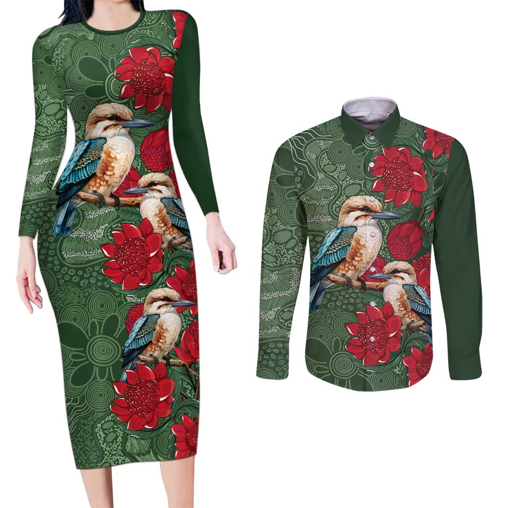 Kokaburra and Waratah Couples Matching Long Sleeve Bodycon Dress and Long Sleeve Button Shirt Aboriginal Art
