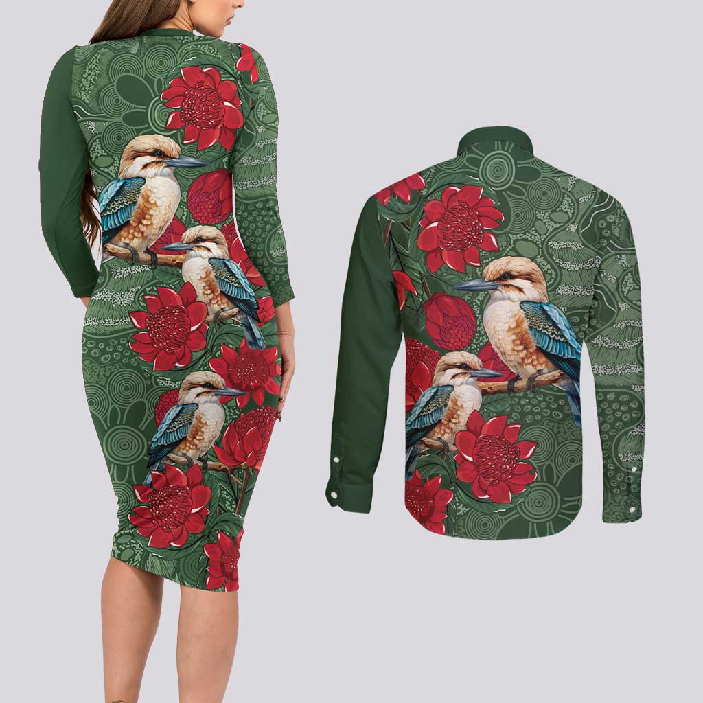 Kokaburra and Waratah Couples Matching Long Sleeve Bodycon Dress and Long Sleeve Button Shirt Aboriginal Art