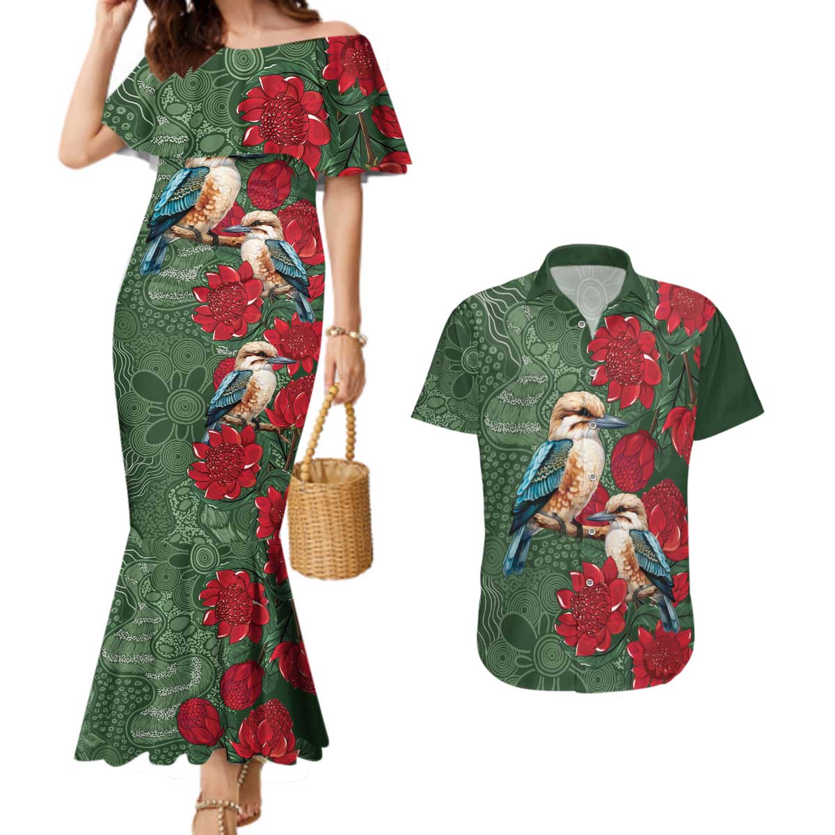 Kokaburra and Waratah Couples Matching Mermaid Dress and Hawaiian Shirt Aboriginal Art