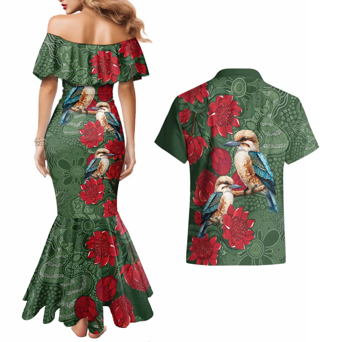 Kokaburra and Waratah Couples Matching Mermaid Dress and Hawaiian Shirt Aboriginal Art