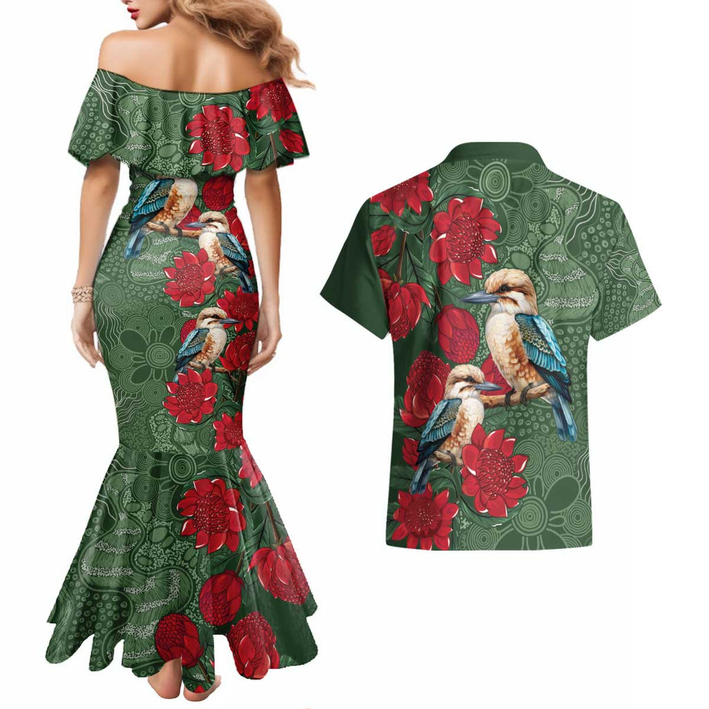Kokaburra and Waratah Couples Matching Mermaid Dress and Hawaiian Shirt Aboriginal Art