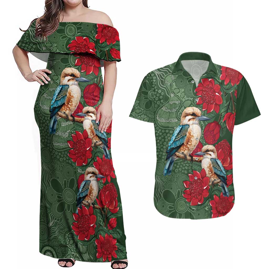 Kokaburra and Waratah Couples Matching Off Shoulder Maxi Dress and Hawaiian Shirt Aboriginal Art