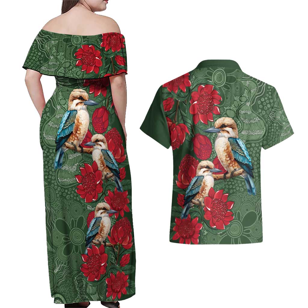 Kokaburra and Waratah Couples Matching Off Shoulder Maxi Dress and Hawaiian Shirt Aboriginal Art