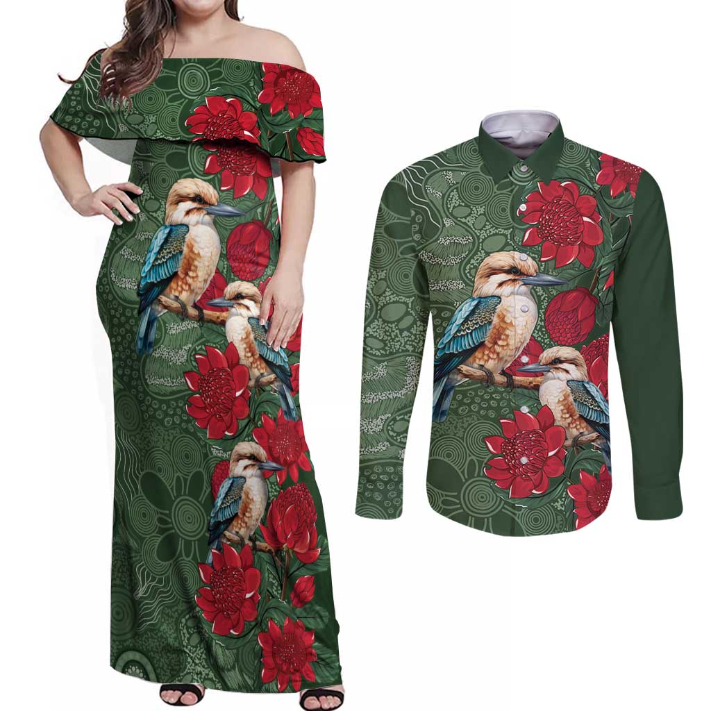 Kokaburra and Waratah Couples Matching Off Shoulder Maxi Dress and Long Sleeve Button Shirt Aboriginal Art