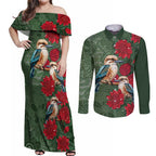 Kokaburra and Waratah Couples Matching Off Shoulder Maxi Dress and Long Sleeve Button Shirt Aboriginal Art