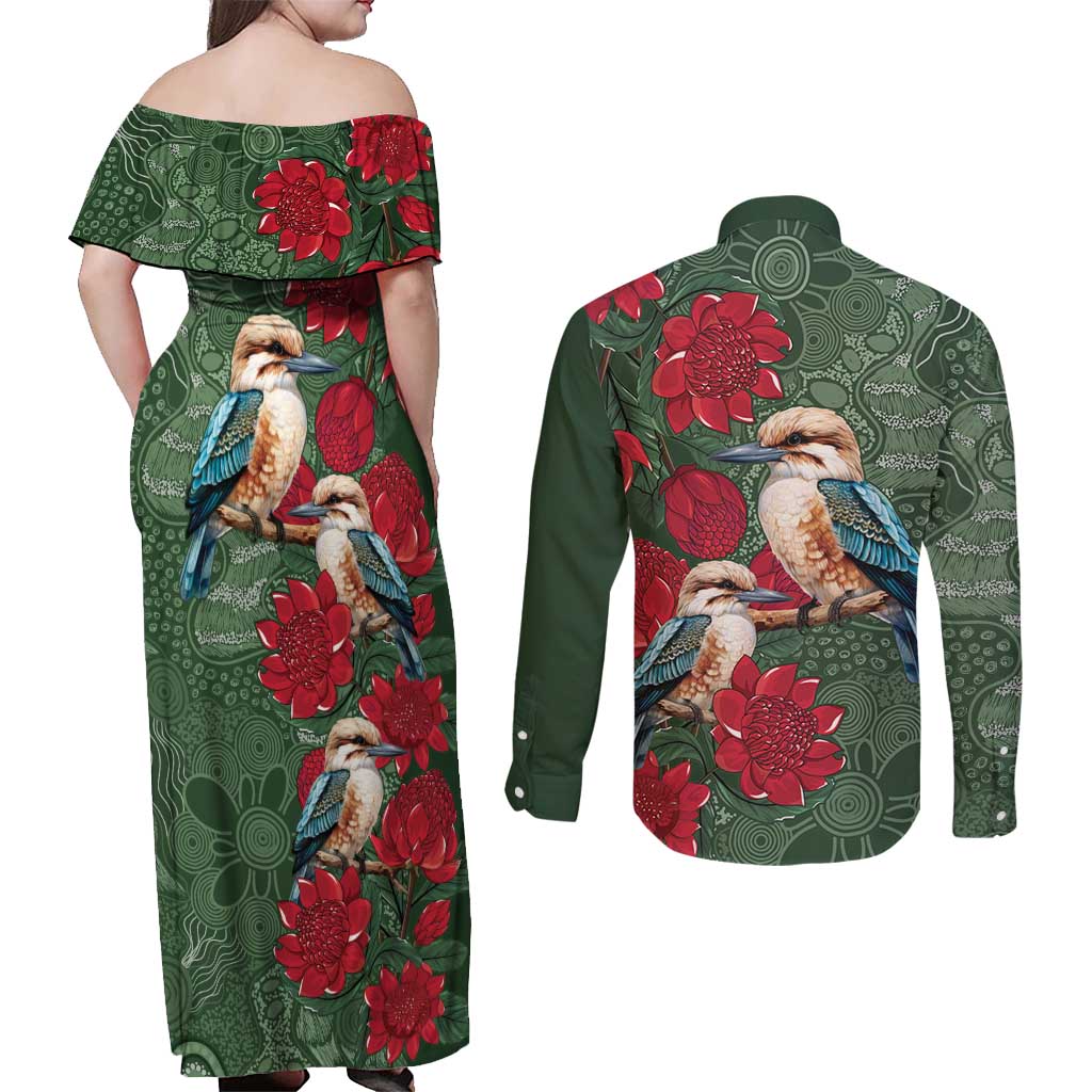 Kokaburra and Waratah Couples Matching Off Shoulder Maxi Dress and Long Sleeve Button Shirt Aboriginal Art