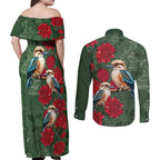 Kokaburra and Waratah Couples Matching Off Shoulder Maxi Dress and Long Sleeve Button Shirt Aboriginal Art