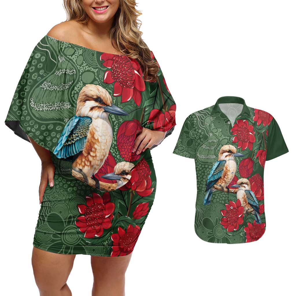 Kokaburra and Waratah Couples Matching Off Shoulder Short Dress and Hawaiian Shirt Aboriginal Art