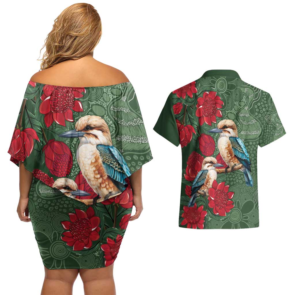 Kokaburra and Waratah Couples Matching Off Shoulder Short Dress and Hawaiian Shirt Aboriginal Art