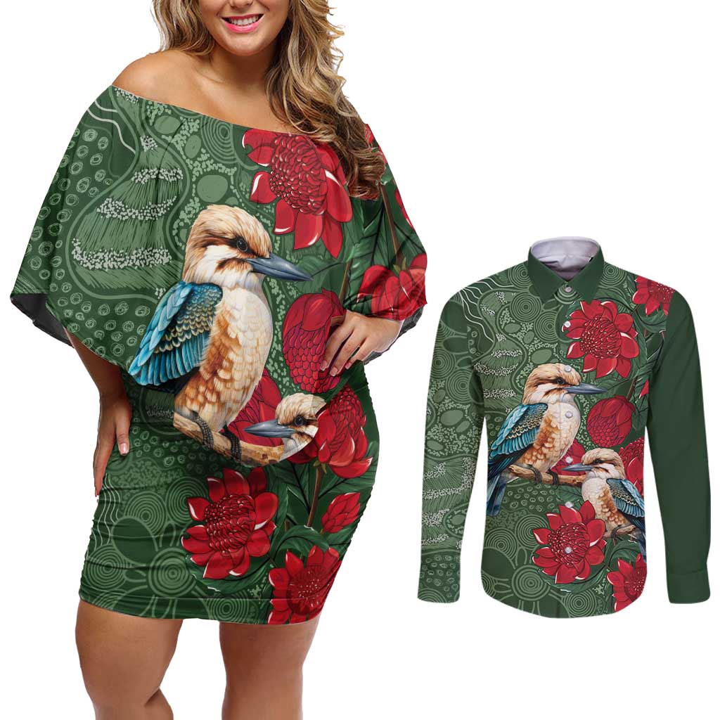 Kokaburra and Waratah Couples Matching Off Shoulder Short Dress and Long Sleeve Button Shirt Aboriginal Art