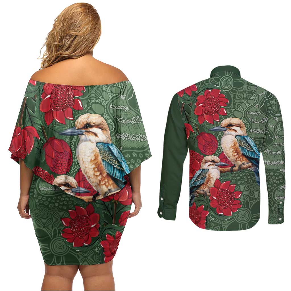 Kokaburra and Waratah Couples Matching Off Shoulder Short Dress and Long Sleeve Button Shirt Aboriginal Art