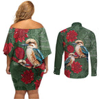 Kokaburra and Waratah Couples Matching Off Shoulder Short Dress and Long Sleeve Button Shirt Aboriginal Art