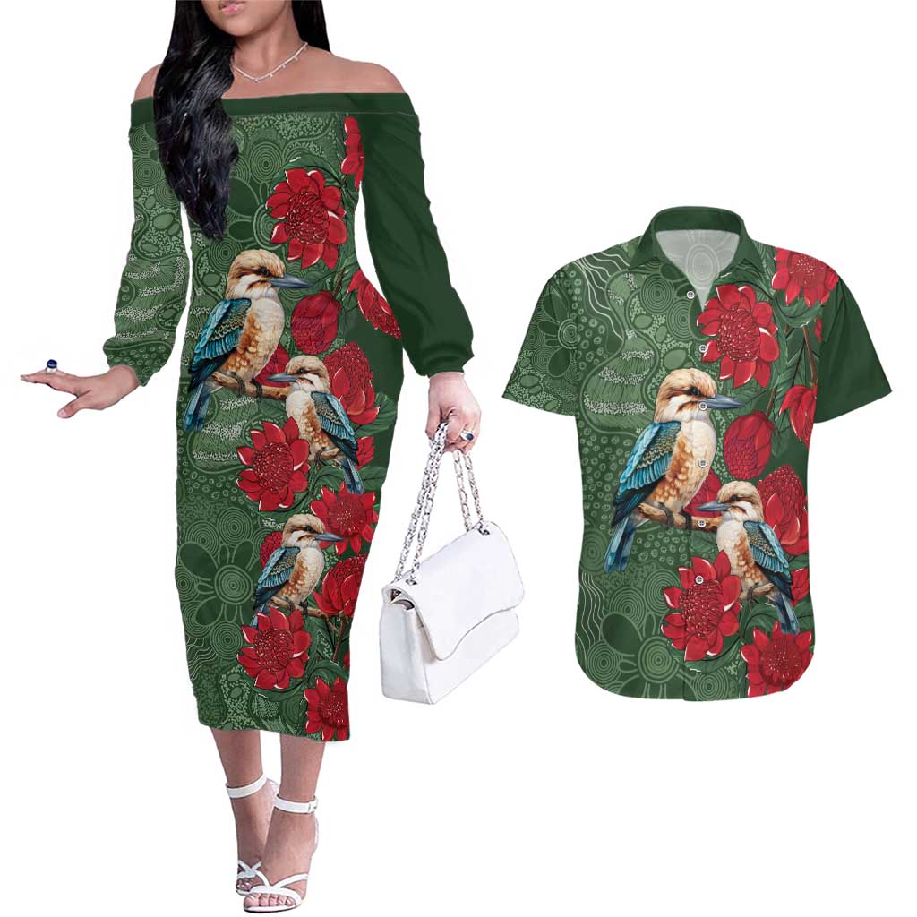 Kokaburra and Waratah Couples Matching Off The Shoulder Long Sleeve Dress and Hawaiian Shirt Aboriginal Art
