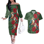 Kokaburra and Waratah Couples Matching Off The Shoulder Long Sleeve Dress and Hawaiian Shirt Aboriginal Art