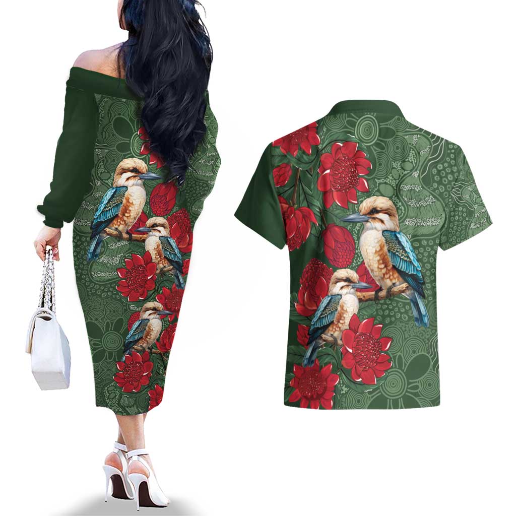 Kokaburra and Waratah Couples Matching Off The Shoulder Long Sleeve Dress and Hawaiian Shirt Aboriginal Art