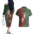 Kokaburra and Waratah Couples Matching Off The Shoulder Long Sleeve Dress and Hawaiian Shirt Aboriginal Art