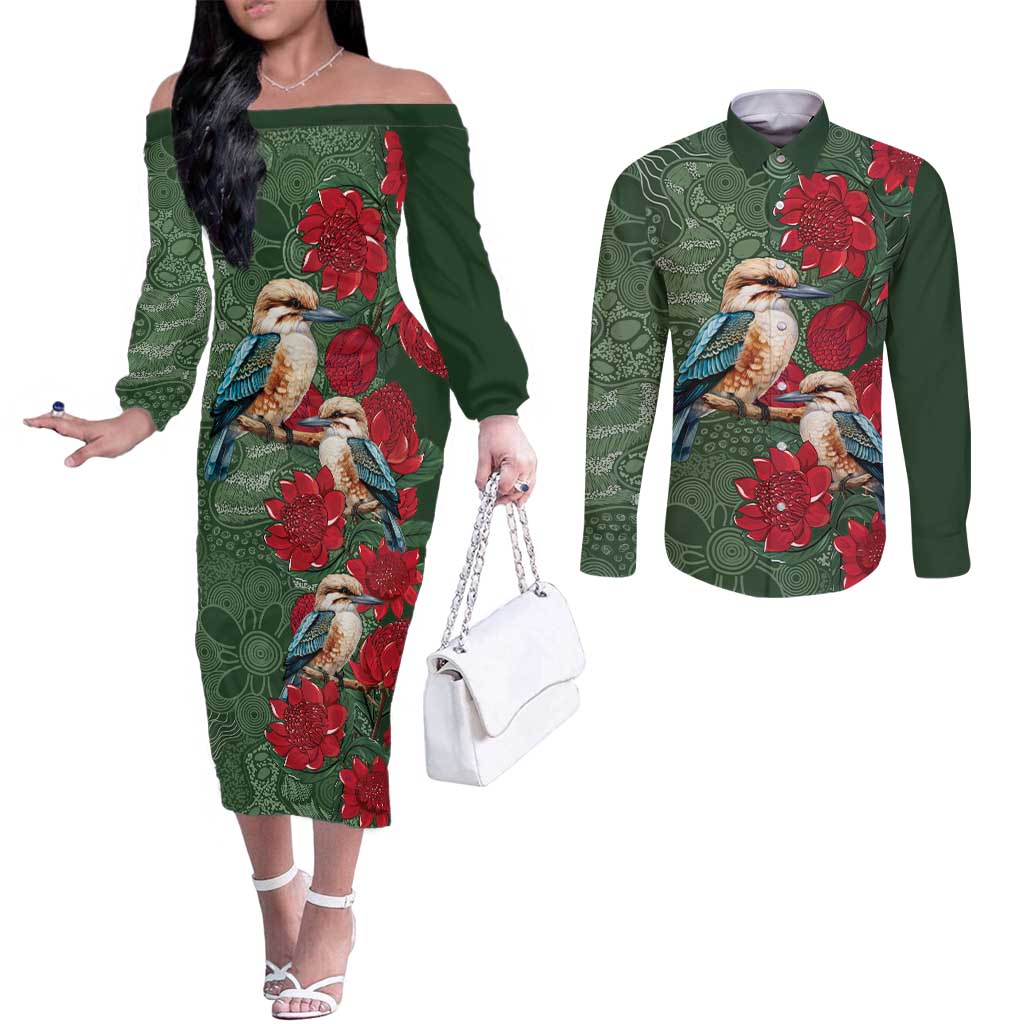 Kokaburra and Waratah Couples Matching Off The Shoulder Long Sleeve Dress and Long Sleeve Button Shirt Aboriginal Art