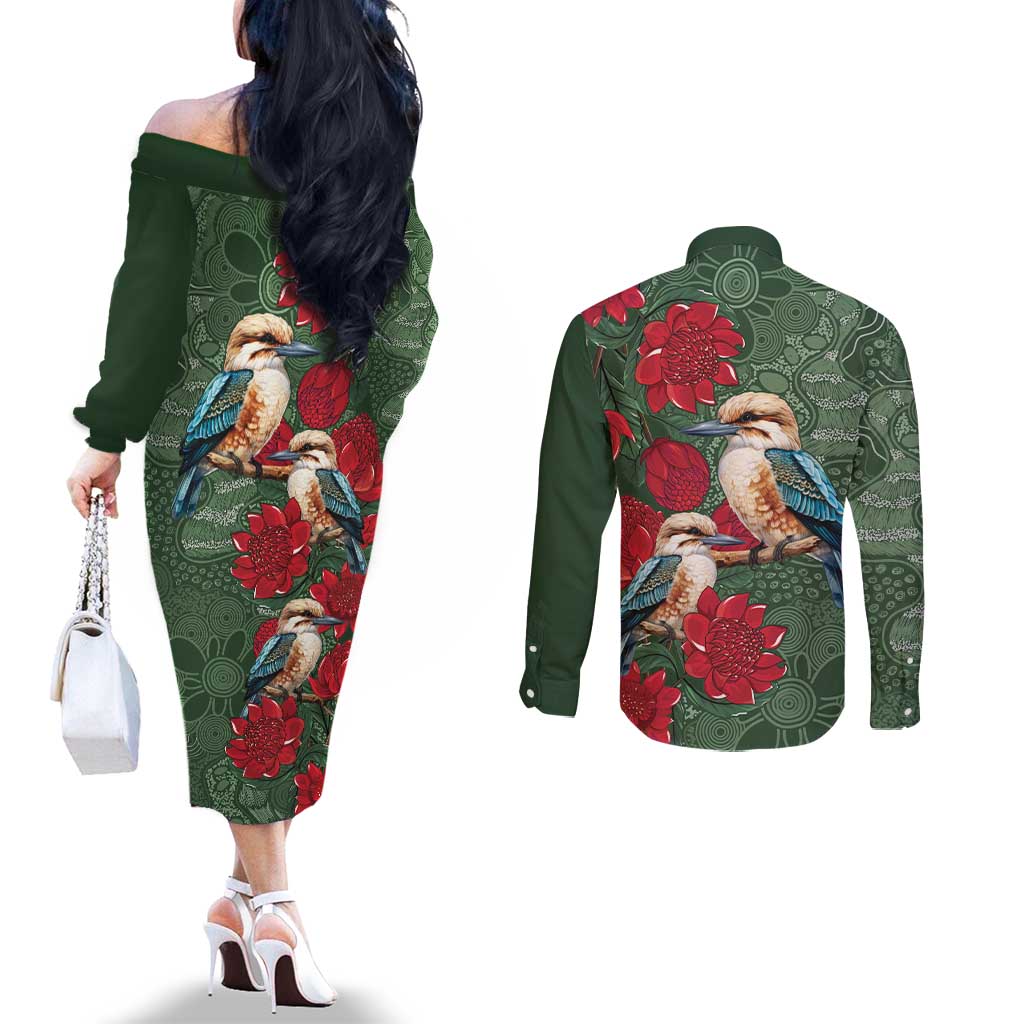 Kokaburra and Waratah Couples Matching Off The Shoulder Long Sleeve Dress and Long Sleeve Button Shirt Aboriginal Art