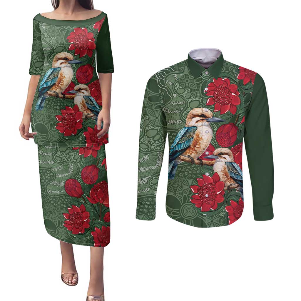 Kokaburra and Waratah Couples Matching Puletasi and Long Sleeve Button Shirt Aboriginal Art