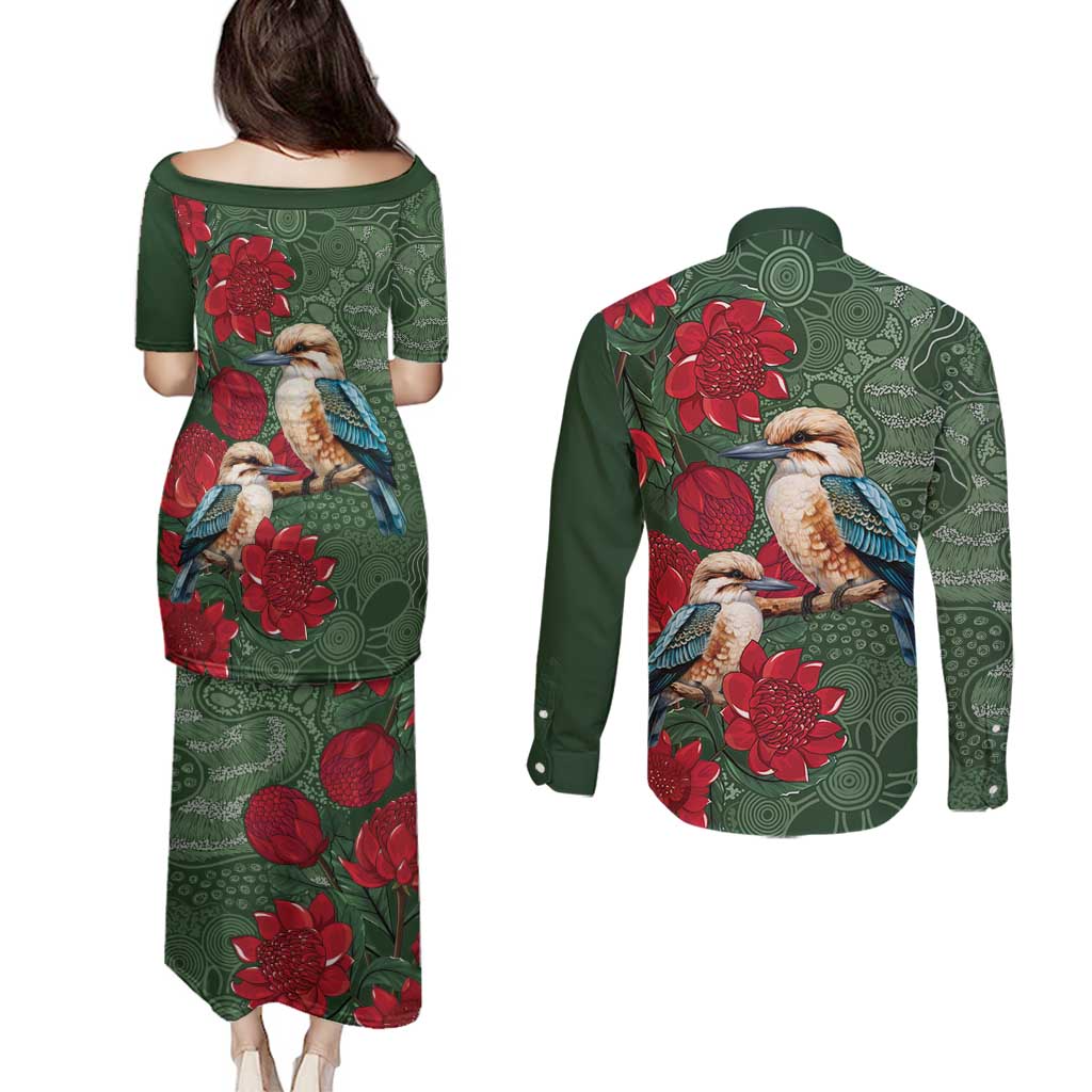 Kokaburra and Waratah Couples Matching Puletasi and Long Sleeve Button Shirt Aboriginal Art