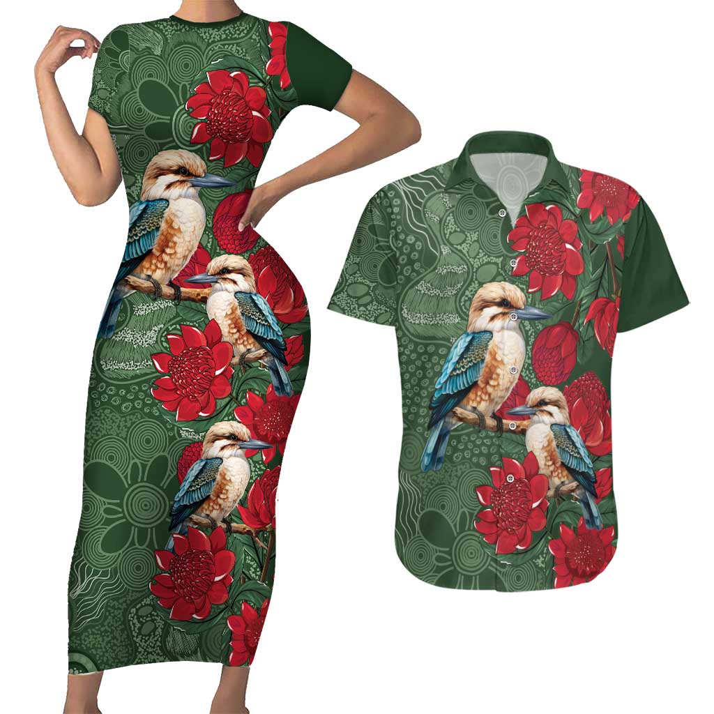 Kokaburra and Waratah Couples Matching Short Sleeve Bodycon Dress and Hawaiian Shirt Aboriginal Art