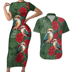 Kokaburra and Waratah Couples Matching Short Sleeve Bodycon Dress and Hawaiian Shirt Aboriginal Art
