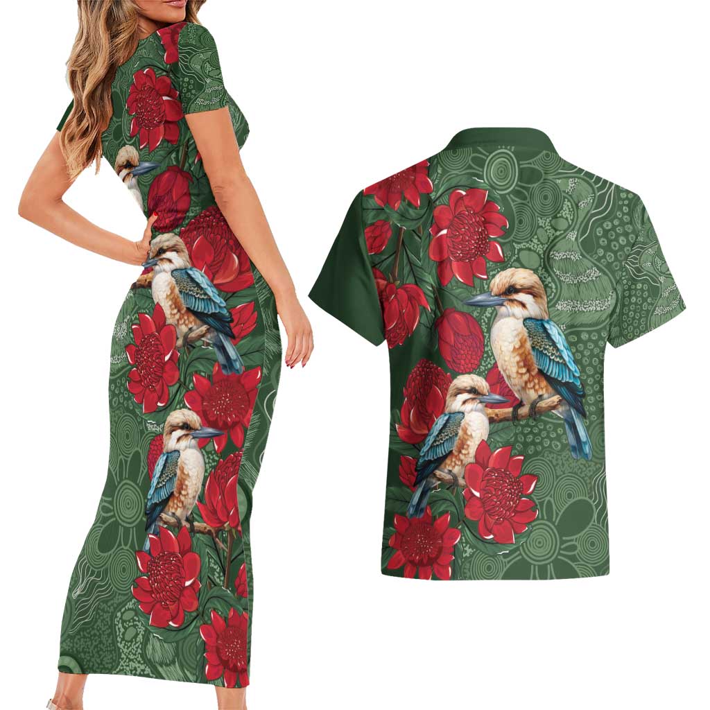 Kokaburra and Waratah Couples Matching Short Sleeve Bodycon Dress and Hawaiian Shirt Aboriginal Art