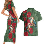 Kokaburra and Waratah Couples Matching Short Sleeve Bodycon Dress and Hawaiian Shirt Aboriginal Art