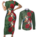 Kokaburra and Waratah Couples Matching Short Sleeve Bodycon Dress and Long Sleeve Button Shirt Aboriginal Art