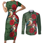 Kokaburra and Waratah Couples Matching Short Sleeve Bodycon Dress and Long Sleeve Button Shirt Aboriginal Art