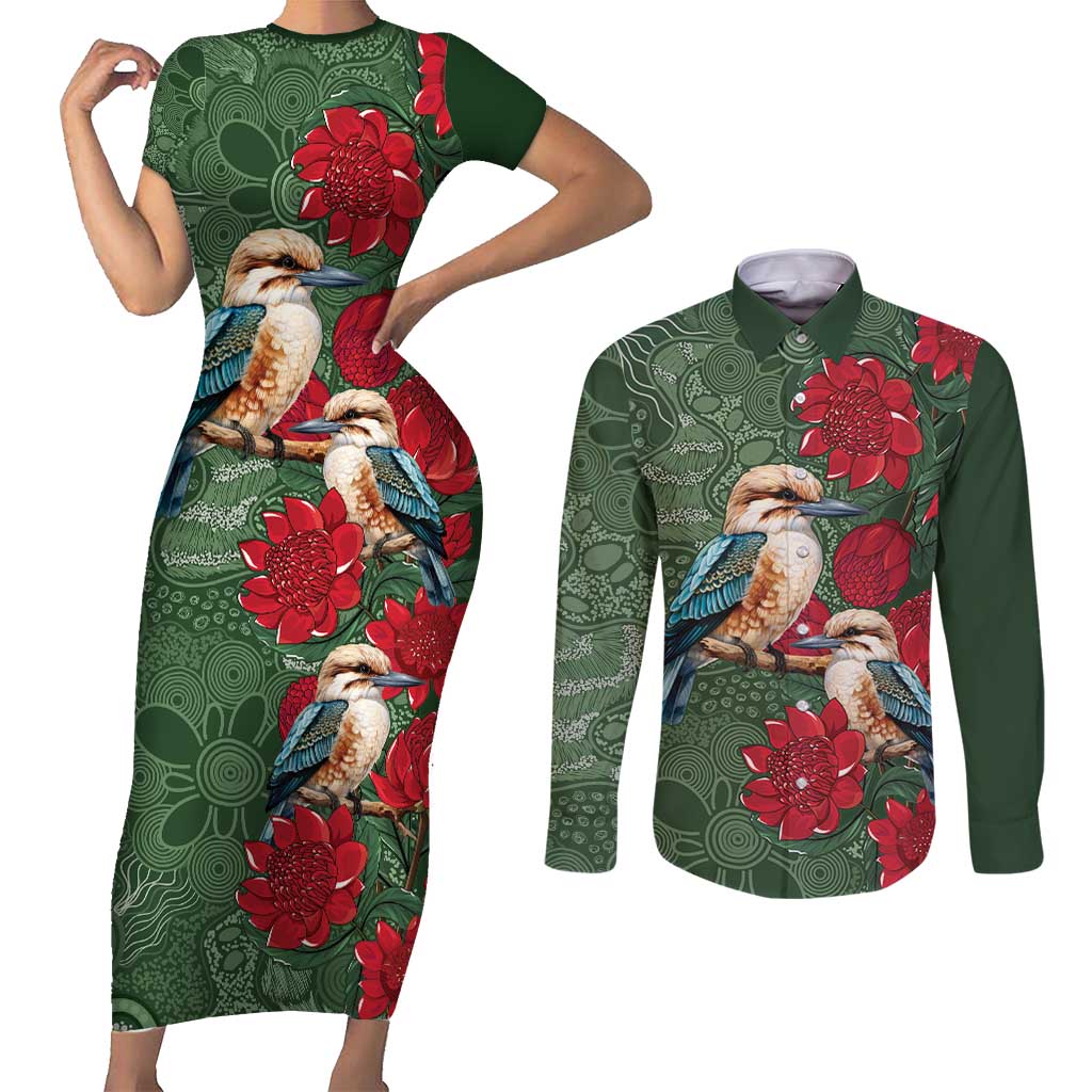 Kokaburra and Waratah Couples Matching Short Sleeve Bodycon Dress and Long Sleeve Button Shirt Aboriginal Art