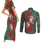 Kokaburra and Waratah Couples Matching Short Sleeve Bodycon Dress and Long Sleeve Button Shirt Aboriginal Art