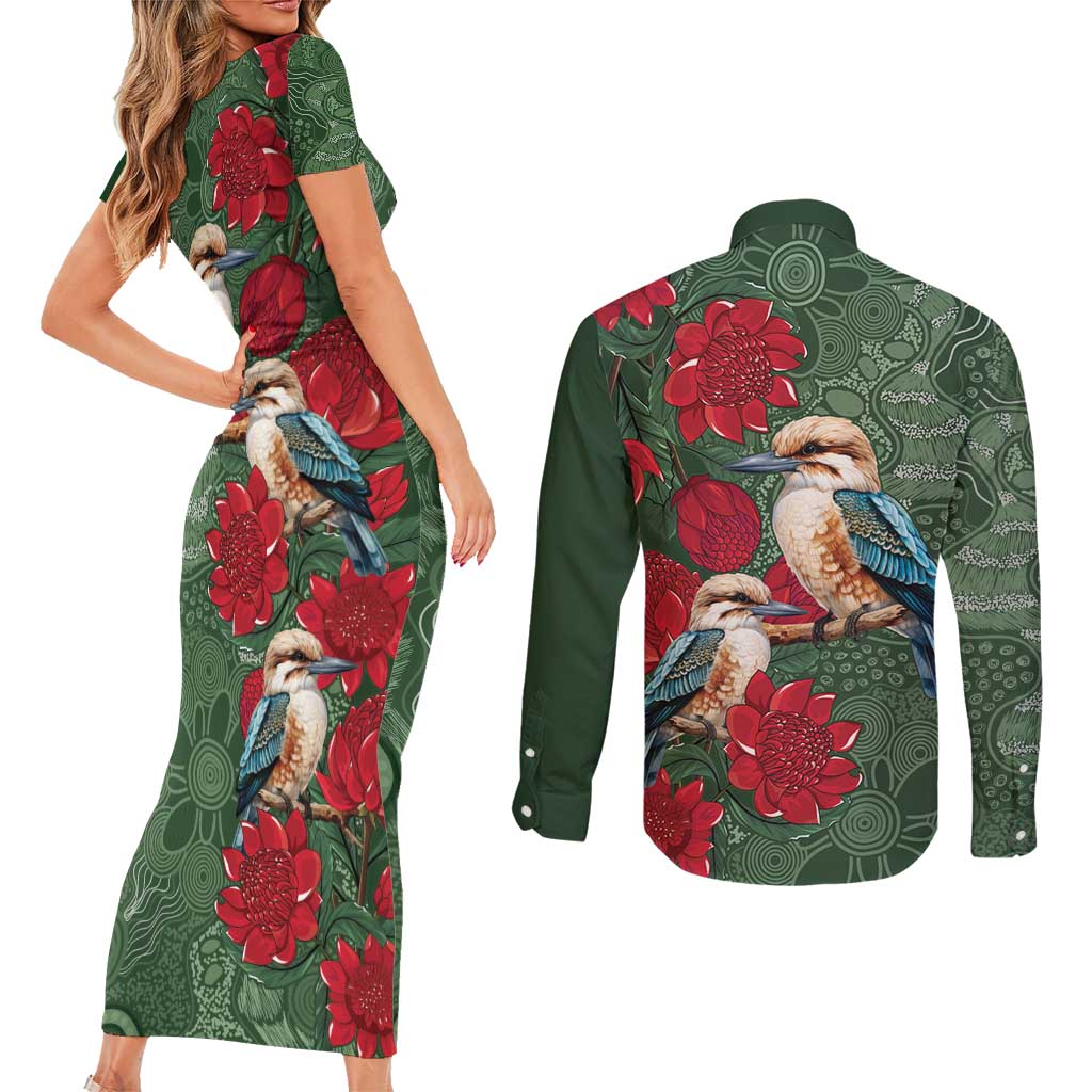 Kokaburra and Waratah Couples Matching Short Sleeve Bodycon Dress and Long Sleeve Button Shirt Aboriginal Art