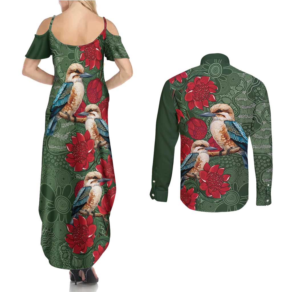 Kokaburra and Waratah Couples Matching Summer Maxi Dress and Long Sleeve Button Shirt Aboriginal Art