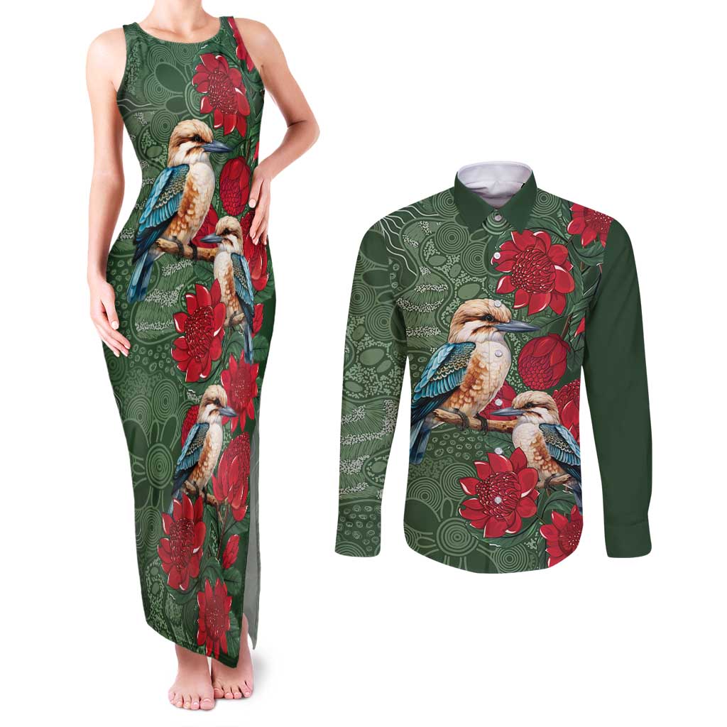 Kokaburra and Waratah Couples Matching Tank Maxi Dress and Long Sleeve Button Shirt Aboriginal Art