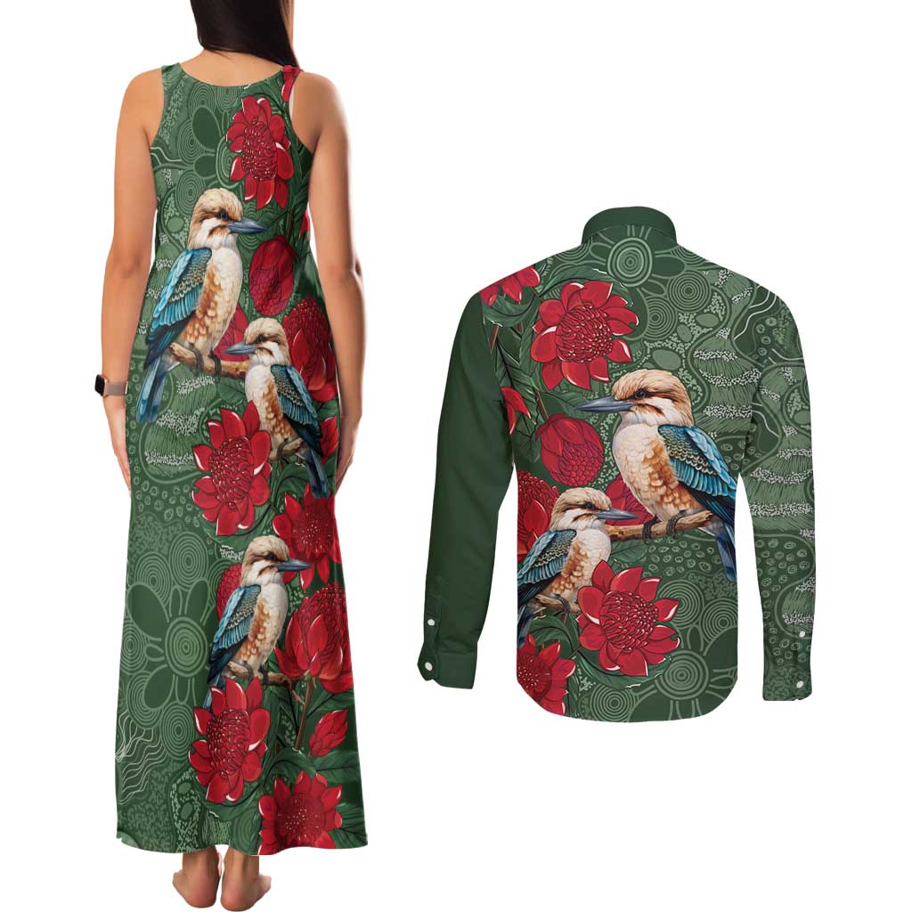 Kokaburra and Waratah Couples Matching Tank Maxi Dress and Long Sleeve Button Shirt Aboriginal Art