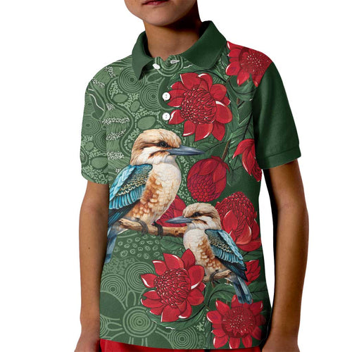 Kokaburra and Waratah Kid Polo Shirt Aboriginal Art