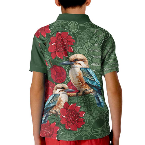 Kokaburra and Waratah Kid Polo Shirt Aboriginal Art